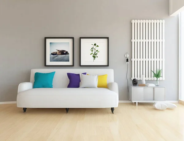 ソファで白いスカンジナビアリビングルームのインテリア 木製の床に植物 大きな壁のアイデア ホームノルディックインテリア イラストレーション — ストック写真