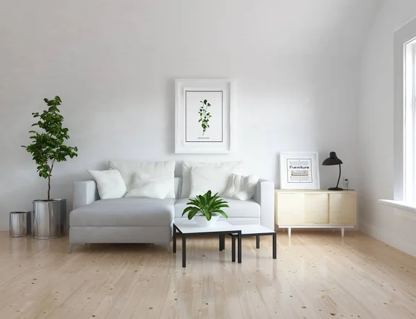 Idea Białego Skandynawskiego Salonu Wnętrz Sofą Zielone Rośliny Drewnianej Podłodze — Zdjęcie stockowe