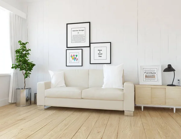 Idea Una Sala Estar Escandinava Blanca Interior Con Sofá Planta — Foto de Stock