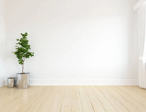 Idea of a white empty scandinavian room interior with plant  on the wooden floor and large wall and white landscape. Background interior. Home nordic interior. 3D illustration