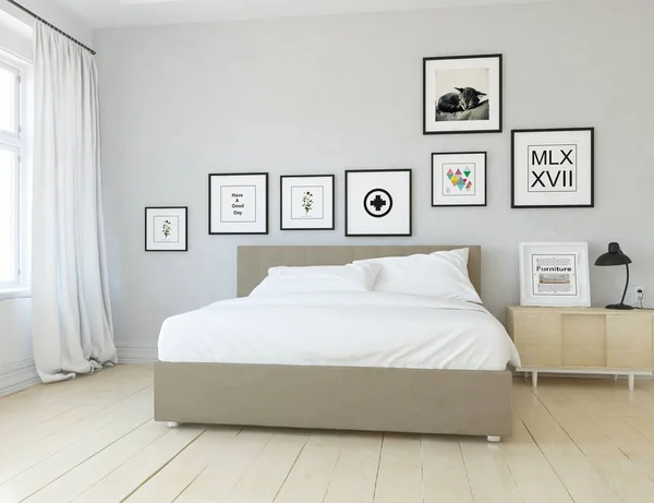 Ιδέα Για Ένα Λευκό Σκανδιναβικό Εσωτερικό Υπνοδωμάτιο Διπλό Κρεβάτι Στο — Φωτογραφία Αρχείου