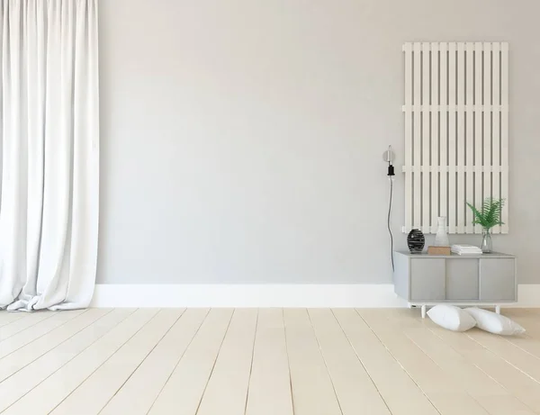 Idea of a white empty scandinavian room interior with dresser on the wooden floor and large wall . Background interior. Home nordic interior. 3D illustration