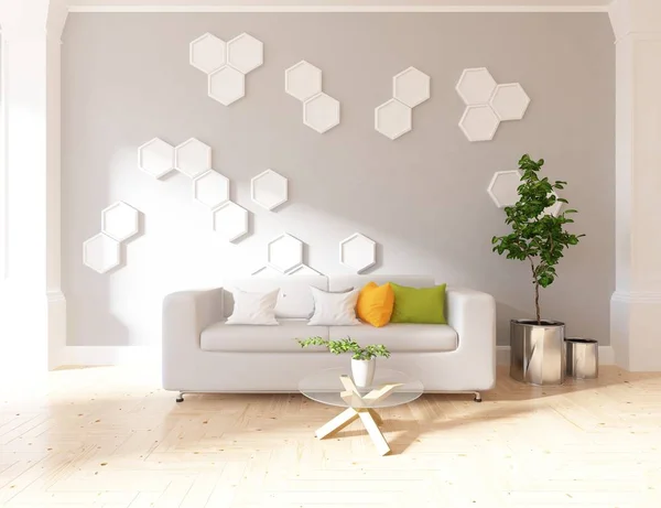Idea White Scandinavian Living Room Interior Sofa Plant Wooden Floor — Stock Photo, Image