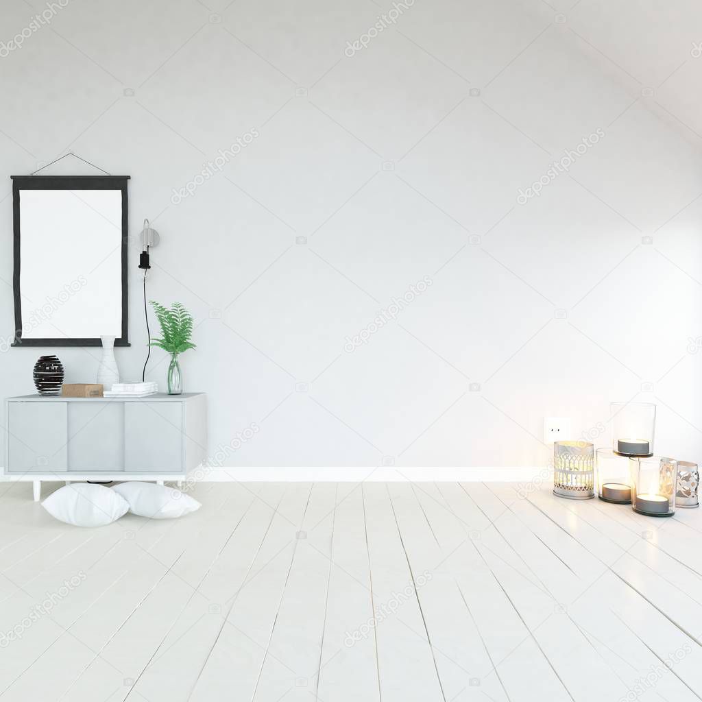 Idea of a white empty scandinavian room interior with dresser on the wooden floor and large wall . Background interior. Home nordic interior. 3D illustration 