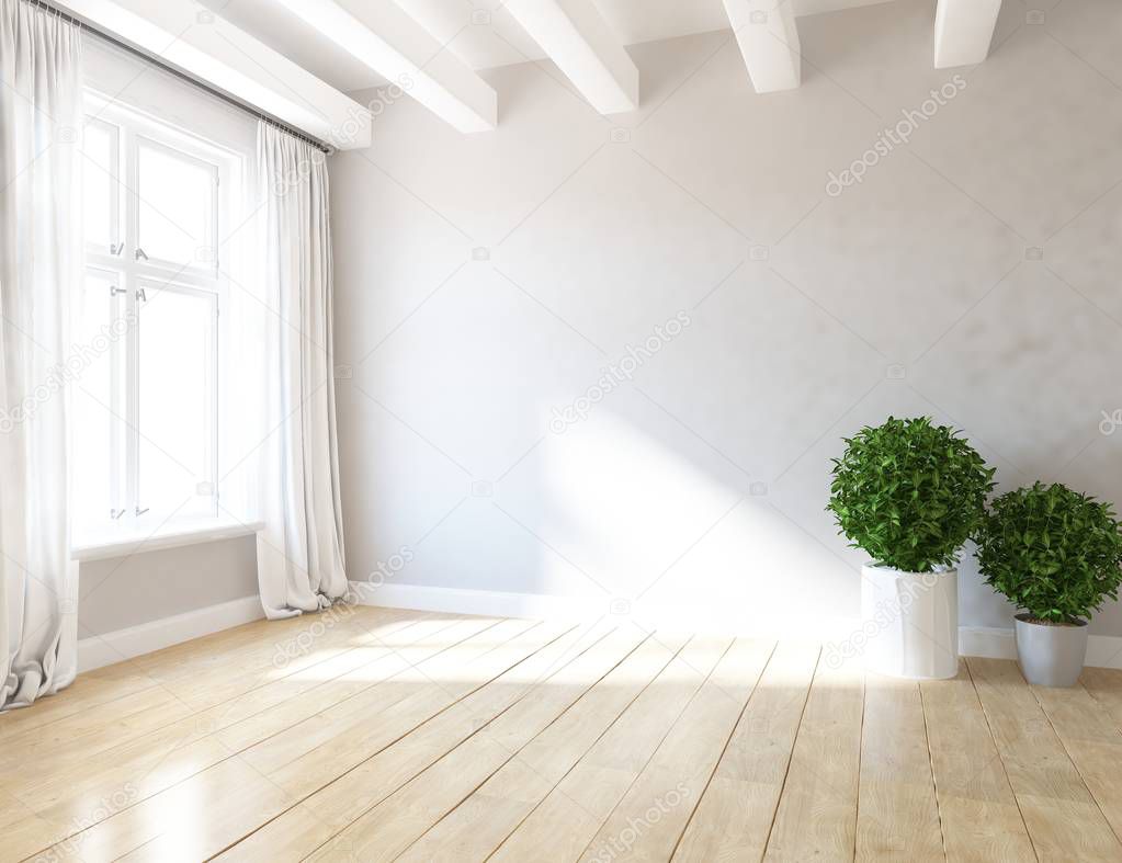 Idea of a white empty scandinavian room interior with plants on the wooden floor and large wall . Background interior. Home nordic interior. 3D illustration 