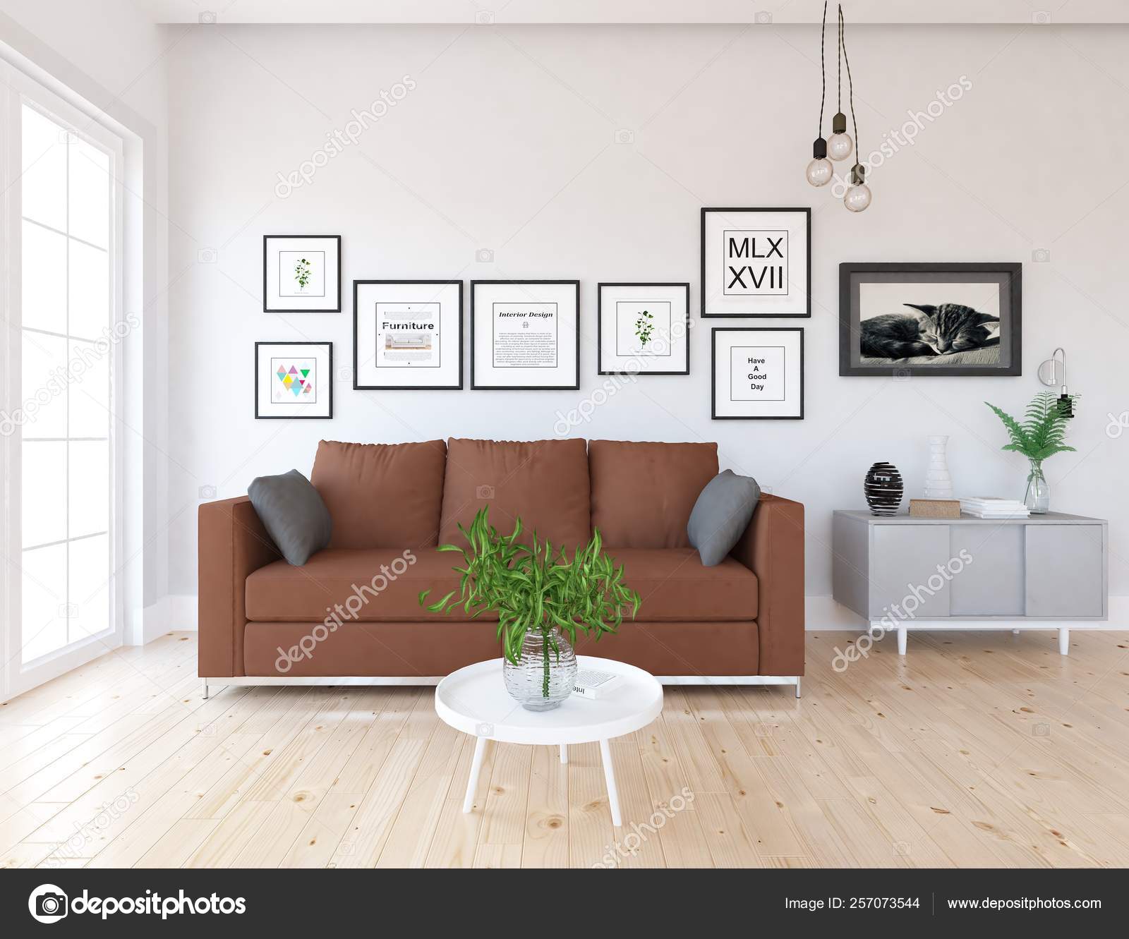 Idea White Scandinavian Living Room Interior Sofa Green Plants Wooden Stock Photo By C Pavelshinkarev87 Gmail Com 257073544