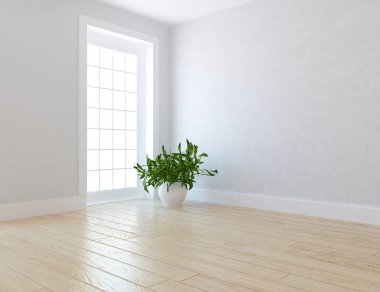 Ahşap zemin ve büyük duvar üzerinde vazolar ile boş İskandinav oda iç fikri. Arka plan iç. Ev nordik iç. 3d illüstrasyon