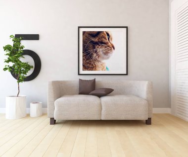 Kanepe ile beyaz bir skandinavaian oturma odası iç fikri, ahşap zemin üzerinde vazolar. Ev nordik iç. 3d illüstrasyon