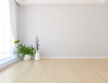 Ahşap zemin ve büyük duvar üzerinde vazolar ile boş İskandinav oda iç fikri. Arka plan iç. Ev nordik iç. 3d illüstrasyon