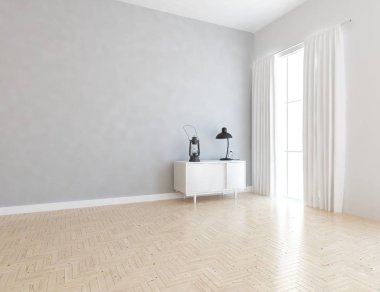 İçi boş İskandinav odası fikri. Arkaplan iç mimarisi. İç kısımları kuzeyli. 3B illüstrasyon