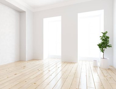 Ahşap zemin ve büyük duvar üzerinde vazolar ile boş İskandinav oda iç fikri. Arka plan iç. Ev nordik iç. 3d illüstrasyon