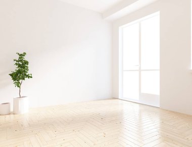 Ahşap zemin ve büyük duvar üzerinde vazolar ile boş İskandinav oda iç fikri. Arka plan iç. Ev nordik iç. 3d illüstrasyon