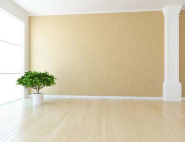 Ahşap zemin ve büyük duvar üzerinde vazolar ile boş İskandinav oda iç fikri. Arka plan iç. Ev nordik iç. 3d illüstrasyon