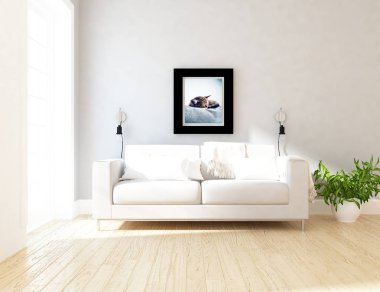 Ahşap zemin ve dekor, kanepe ile İskandinav oturma odası iç fikir. Ev Nordic iç. 3D çizim