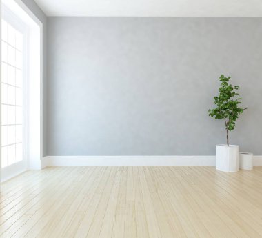 Ahşap zemin ve büyük duvar üzerinde vazolar ile boş İskandinav oda iç fikri. Arka plan iç. Ev nordik iç. 3d illüstrasyon