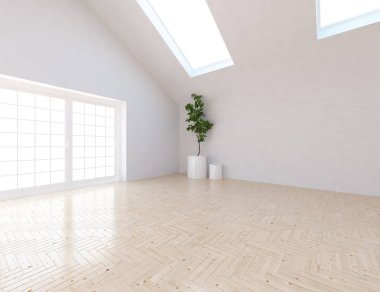 Ahşap zemin ve büyük duvar üzerinde vazolar ile boş İskandinav oda iç fikri. Arka plan iç. Ev nordik iç. 3d illüstrasyon