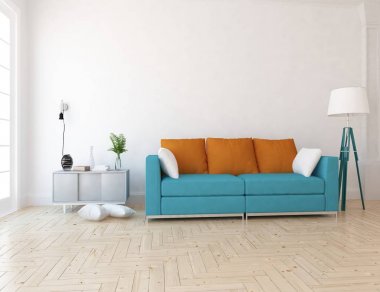 Ahşap zemin ve dekor, kanepe ile İskandinav oturma odası iç fikir. Ev Nordic iç. 3D çizim