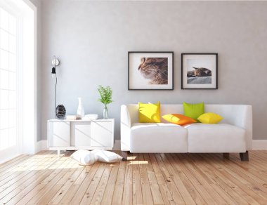 Ahşap zemin ve dekor, kanepe ile İskandinav oturma odası iç fikir. Ev Nordic iç. 3D çizim