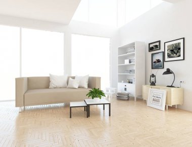 Ahşap zemin ve dekor, kanepe ile İskandinav oturma odası iç fikir. Ev Nordic iç. 3D çizim