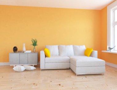 Ahşap zemin ve dekor, kanepe ile İskandinav oturma odası iç fikir. Ev Nordic iç. 3D çizim