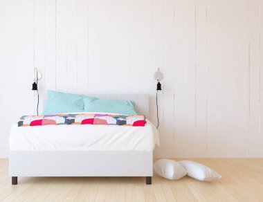 İskandinav yatak odası iç fikri. İskandinav ev iç. 3d illüstrasyon - İllüstrasyon