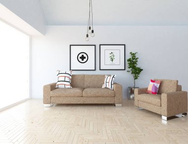 Ahşap zemin ve dekor, kanepe ile İskandinav oturma odası iç fikir. Ev Nordic iç. 3D çizim