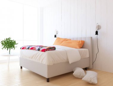 İskandinav yatak odası iç fikri. İskandinav ev iç. 3d illüstrasyon - İllüstrasyon