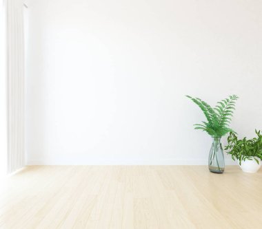 Ahşap zemin ve büyük duvar üzerinde vazolar ile boş İskandinav oda iç fikri. Arka plan iç. Ev nordik iç. 3d illüstrasyon