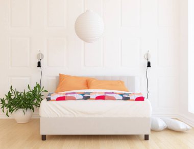 Ahşap zemin ve büyük duvar çift kişilik yatak ile beyaz İskandinav yatak odası iç fikir. Ev Nordic iç. 3D çizim