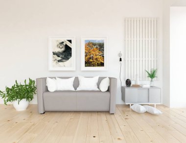 Ahşap zemin ve dekor, kanepe ile İskandinav oturma odası iç fikir. Ev Nordic iç. 3D çizim