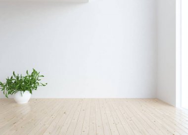 Ahşap zemin ve büyük duvar üzerinde vazolar ile boş İskandinav oda iç fikri. Arka plan iç. Ev nordik iç. 3d illüstrasyon