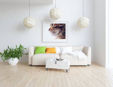 Ahşap zemin ve dekor, kanepe ile İskandinav oturma odası iç fikir. Ev Nordic iç. 3D çizim