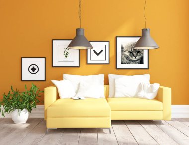 Ahşap zemin ve dekor, kanepe ile İskandinav oturma odası iç fikir. Ev Nordic iç. 3D çizim