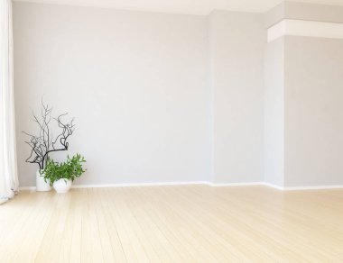 Ahşap zemin ve büyük duvar üzerinde vazolar ile boş İskandinav oda iç fikri. Arka plan iç. Ev nordik iç. 3d illüstrasyon