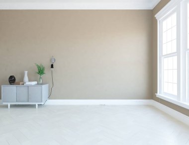 İçi boş İskandinav odası fikri. Arkaplan iç mimarisi. İç kısımları kuzeyli. 3B illüstrasyon