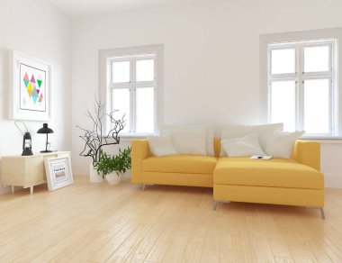 Ahşap zemin ve dekor, kanepe ile İskandinav oturma odası iç fikir. Ev Nordic iç. 3D çizim