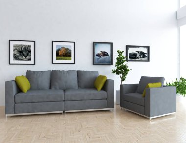 Ahşap zemin ve dekor, kanepe ile İskandinav oturma odası iç fikir. Ev Nordic iç. 3D çizim