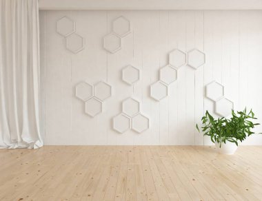 Ahşap zemin ve büyük duvar üzerinde vazolar ile boş İskandinav oda iç fikri. Arka plan iç. Ev nordik iç. 3d illüstrasyon