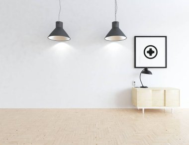 İçi boş İskandinav odası fikri. Arkaplan iç mimarisi. İç kısımları kuzeyli. 3B illüstrasyon