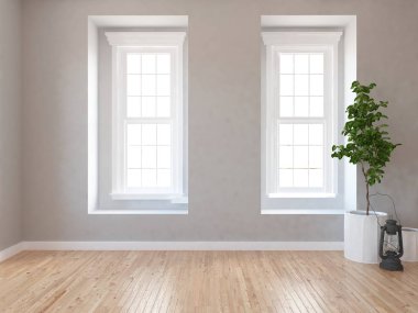 Ahşap zemin ve büyük duvar üzerinde vazolar ile boş İskandinav oda iç fikri. Arka plan iç. Ev nordik iç. 3d illüstrasyon