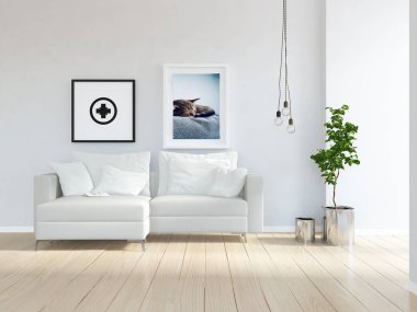 Ahşap zemin ve dekor, kanepe ile İskandinav oturma odası iç fikir. Ev Nordic iç. 3D çizim