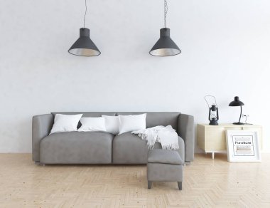 Ahşap zemin ve dekor, kanepe ile İskandinav oturma odası iç fikir. Ev Nordic iç. 3D çizim