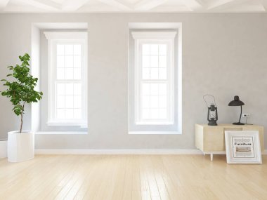 İçi boş İskandinav odası fikri. Arkaplan iç mimarisi. İç kısımları kuzeyli. 3B illüstrasyon