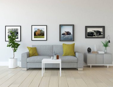 Ahşap zemin ve dekor, kanepe ile İskandinav oturma odası iç fikir. Ev Nordic iç. 3D çizim