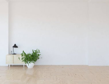 Ahşap zemin ve büyük duvar üzerinde şifonyalı beyaz boş İskandinav oda iç fikir. Arka plan iç. Ev Nordic iç. 3D çizim 