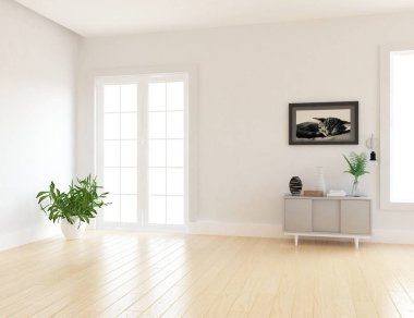 Ahşap zemin ve büyük duvar üzerinde şifonyalı beyaz boş İskandinav oda iç fikir. Arka plan iç. Ev Nordic iç. 3D çizim 