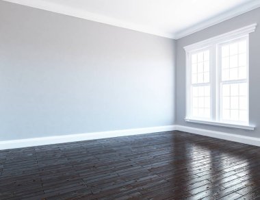 Ahşap zemin ile boş bir İskandinav oda iç fikri . Ev nordik iç. 3d illüstrasyon