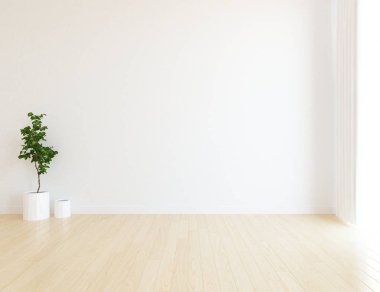 Ahşap zemin ve büyük duvar ve beyaz peyzaj bitki ile beyaz boş İskandinav oda iç fikir. Arka plan iç. Ev Nordic iç. 3D çizim 
