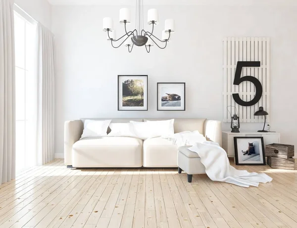 Myšlenka Bílého Skandinávského Obývacího Pokoje Pohovkou Vázy Dřevěné Podlaze Domácí — Stock fotografie