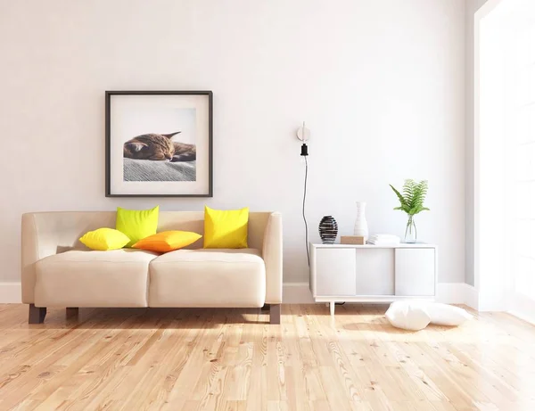 木製の床にソファ 花瓶と白いスカンジニアのリビングルームのインテリアのアイデア ホームノルディックインテリア 3Dイラスト — ストック写真